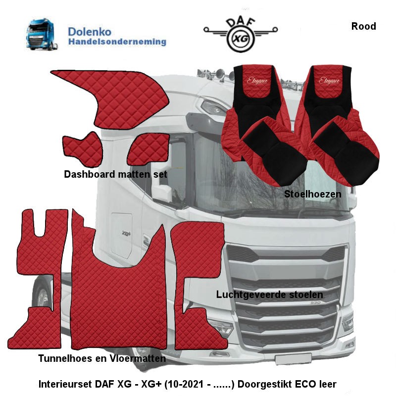 Truckstoelhoezen ontworpen voor DAF XG XF CF 106 EURO 6 met 2 pneumatische stoelen, Velours Eco Leer met rode draden