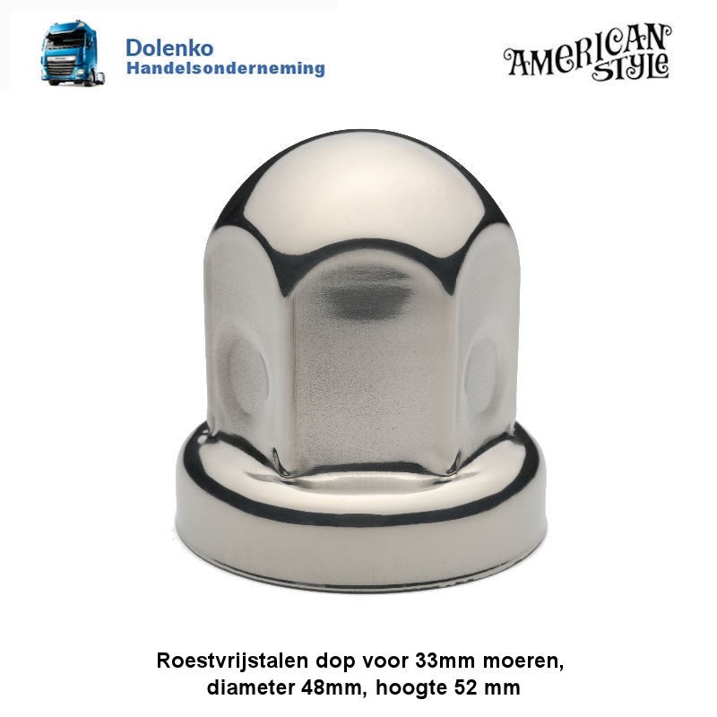 RVS wielmoerdop voor 33mm moer, Diameter 48mm, hoogte 52mm