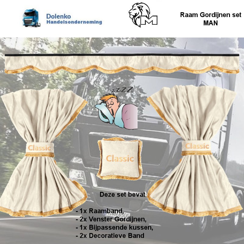 TRUCK GORDIJNEN VOLLEDIG SET BLAUW met WITTE TASSELS geschikt voor DAF VOLVO SCANIA MAN MERCEDES